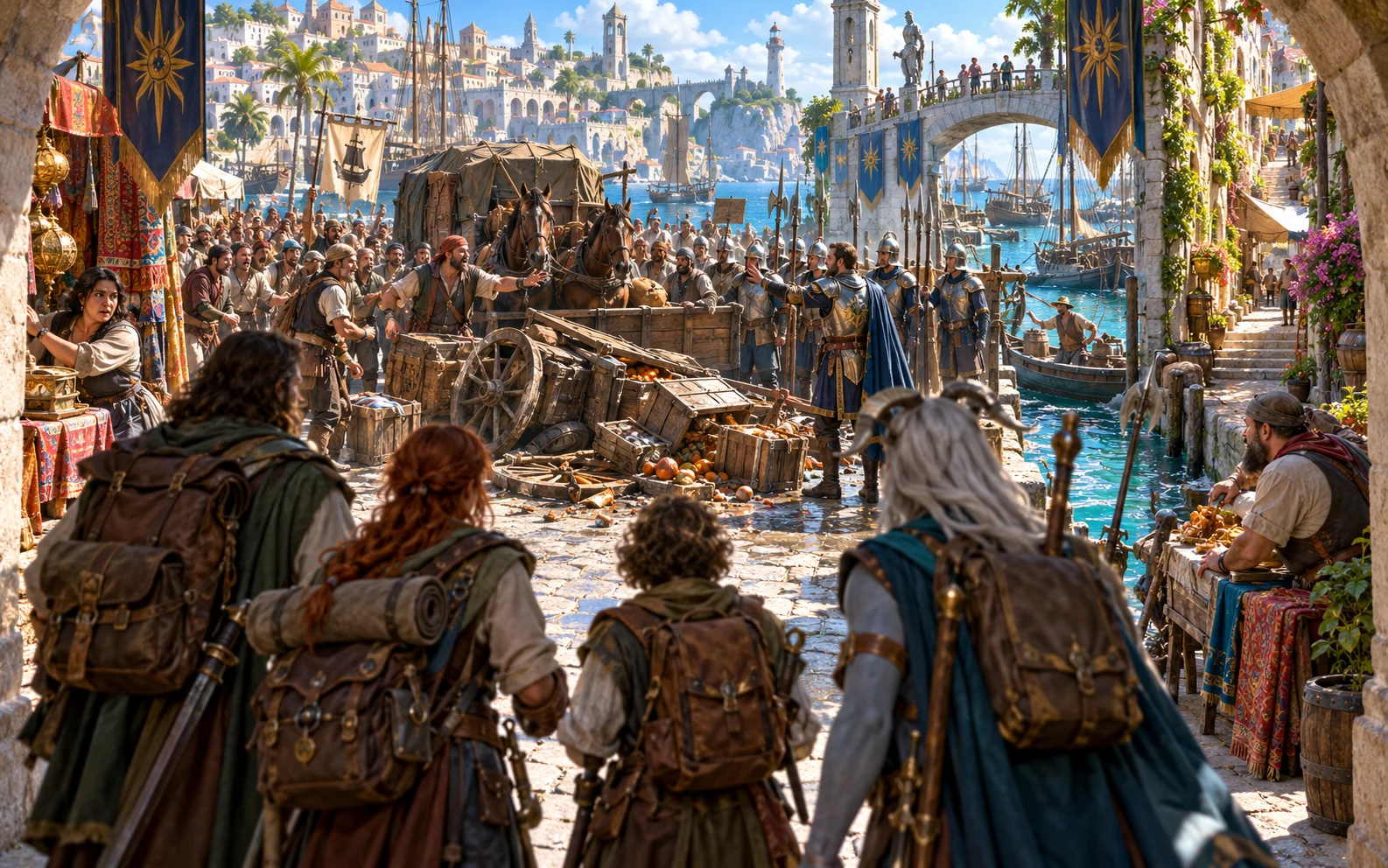 Two sides and bystanders act in a scene before the fantasy party intervenes